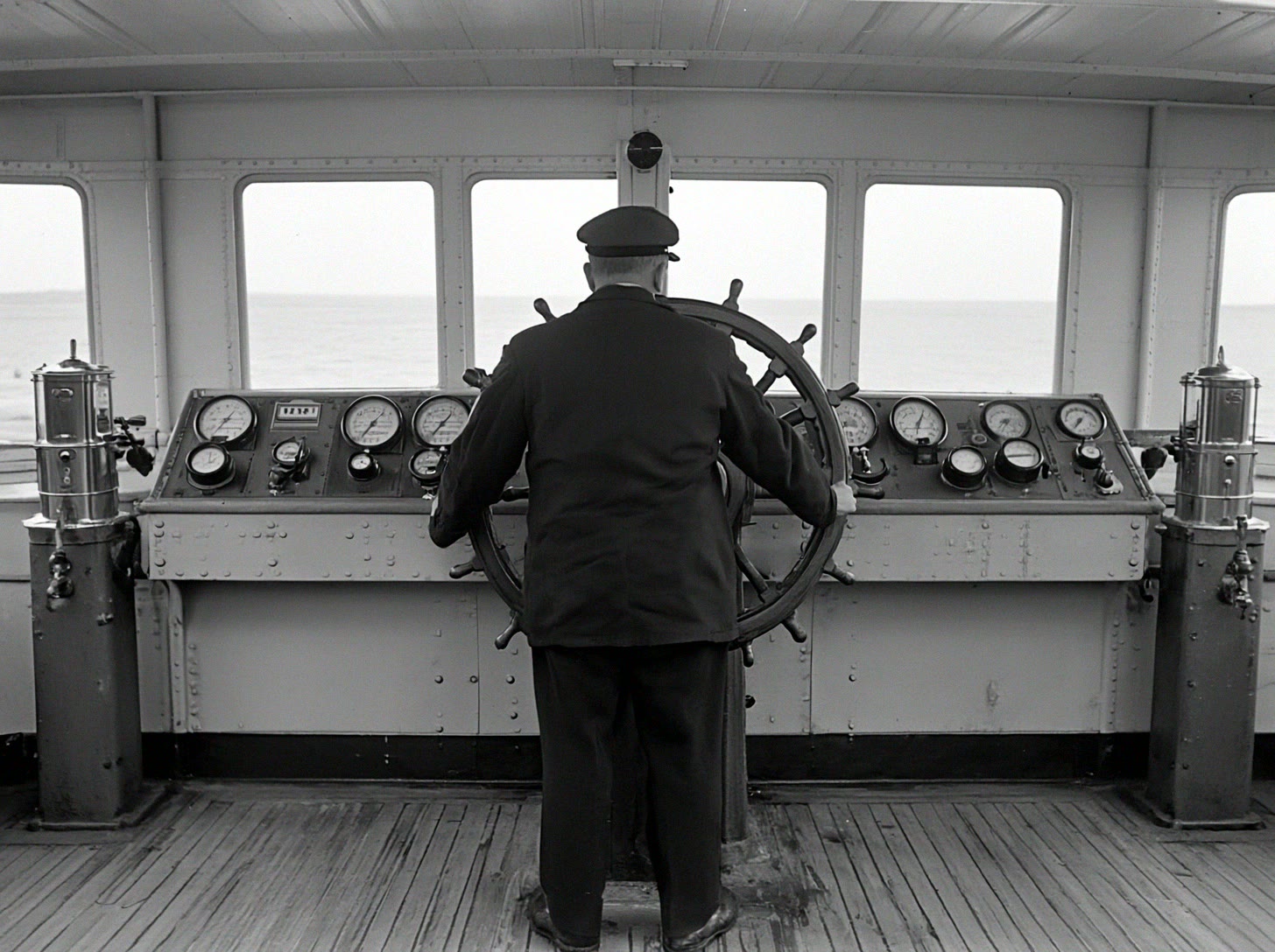 Roerganger op een scheepsbrug vol meters